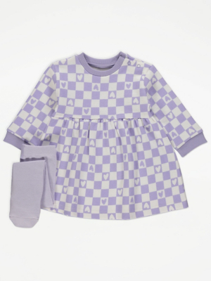 Lilac Heart Check Dress and Tights Outfit Baby at ASDA