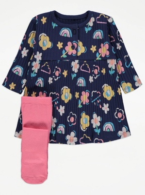 Navy Ribbed Doodle Print Dress and Tights Outfit Baby at ASDA