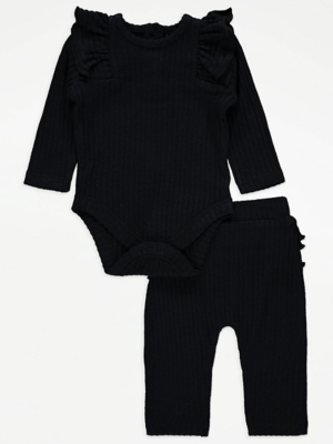Black Ribbed Frilly Bodysuit and Leggings Outfit Baby at ASDA