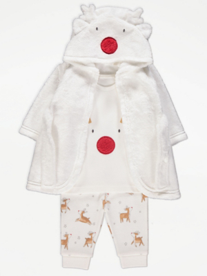 White Reindeer Dressing Gown and Pyjamas Set Baby at ASDA