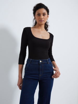 Black Square Neck Ribbed Long Sleeve Top Women at ASDA