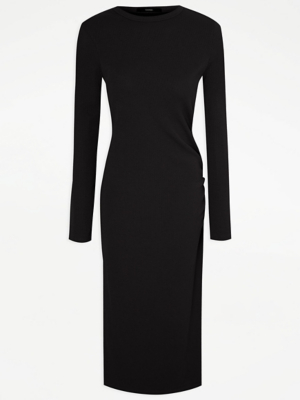 Black Ribbed Long Sleeve Midi Dress | Women