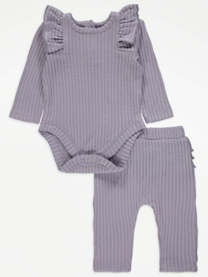 Lilac Ribbed Frilly Bodysuit and Leggings Outfit Baby at ASDA