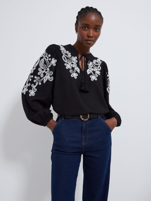 Black Embroidered Twill Blouse Women at ASDA