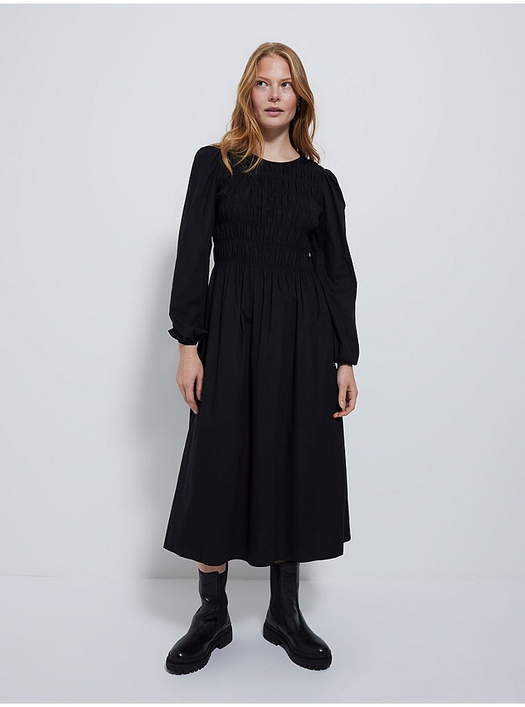 Black Shirred Long Sleeve Midi Dress | Women | George at ASDA