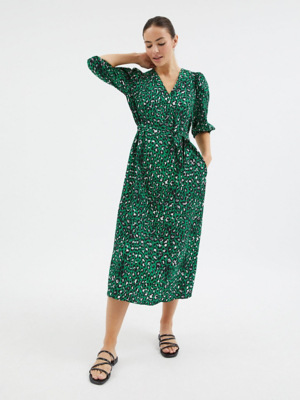 green emerald velvet dress Emerald Green Leopard Print Satin Angel Sleeve Wrap Skirt Midi Dress   Pretty Kitty Fashion