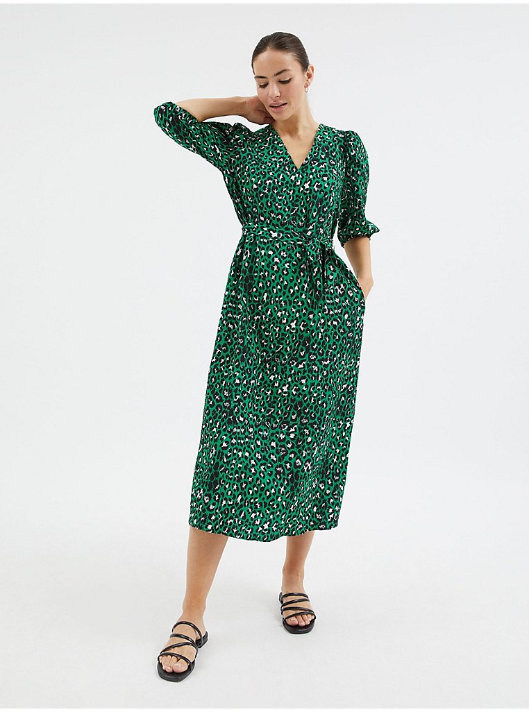 Green Leopard Textured Tie Waist Midi Dress | Women | George at ASDA