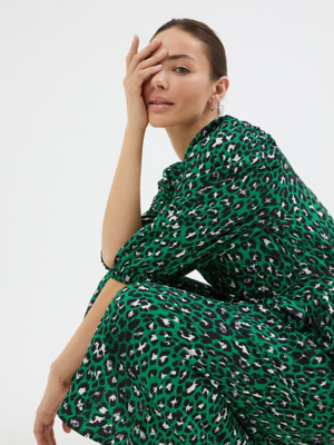 Green Leopard Textured Tie Waist Midi Dress | Women | George at ASDA
