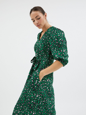 slim fit dress slacks Aine Green Blue Leopard Print Long Sleeve Midi Dress main image 1