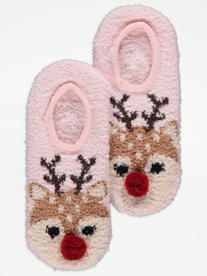 Pink Reindeer Slipper Socks Lingerie at ASDA