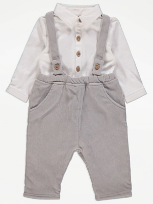Grey Corduroy Dungarees and Collared Bodysuit Outfit Baby at