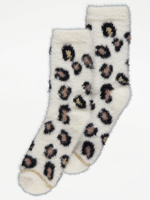 Cream Leopard Fluffy Socks Lingerie at ASDA