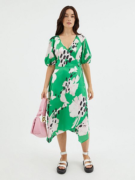 Green Floral Print Wrap Midi Dress | Women | George at ASDA