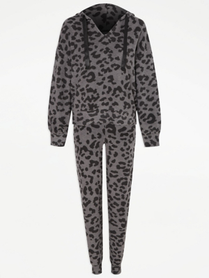 Grey Animal Print Fleece Loungewear Set Lingerie at ASDA