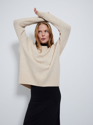 Neutral Crew Neck Slouchy Knitted Jumper Women at ASDA