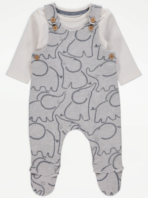 Grey Elephant Dungarees and White Bodysuit Outfit Baby at ASDA