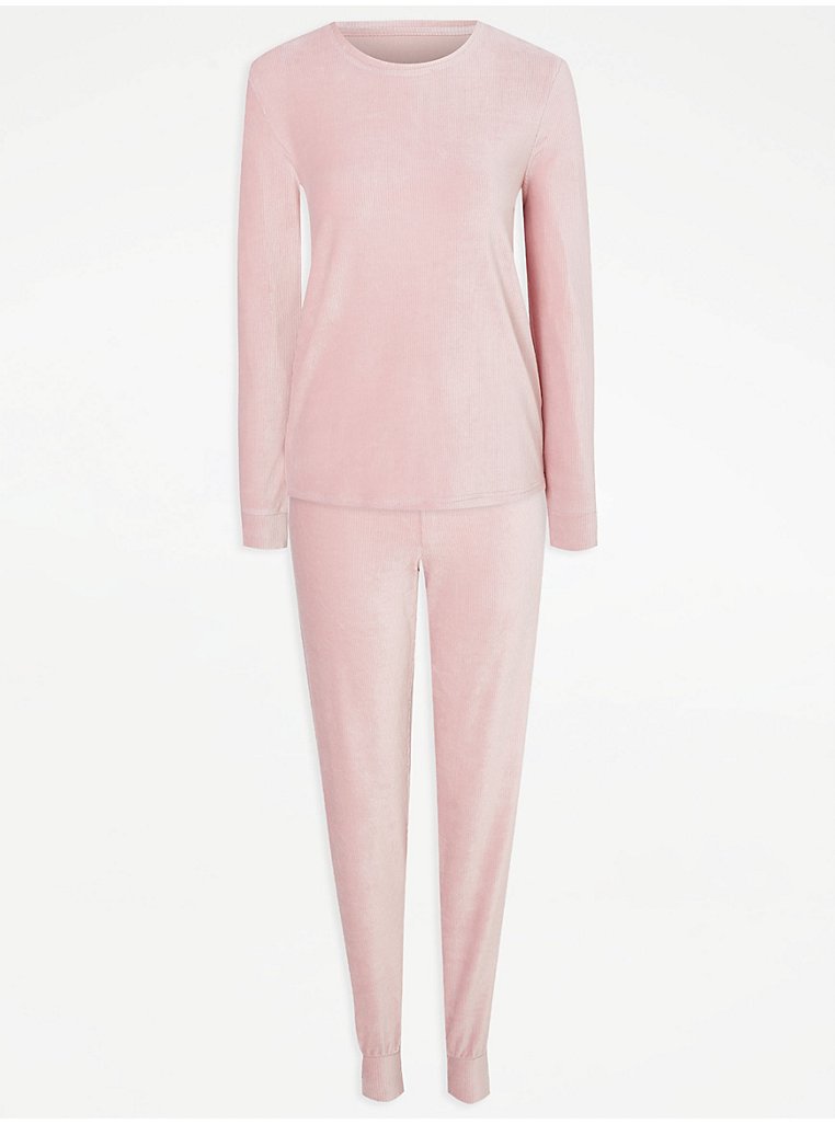 Pink Ribbed Velour Long Sleeve Pyjamas Gift Set | Lingerie | George at ASDA