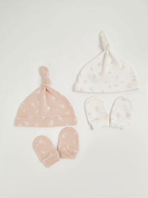 Ditsy Floral Baby Hats and Scratch Mitts 2 Pack Baby at ASDA