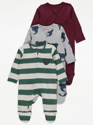 Teddy Bear Long Sleeve Sleepsuits 3 Pack Baby at ASDA