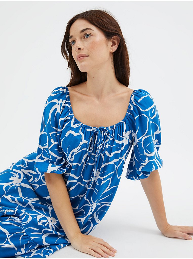 Blue Shirred Neck Floral Mini Dress | Women | George at ASDA