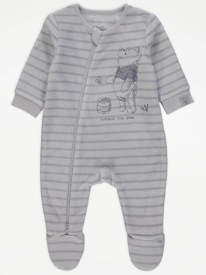 Disney Winnie The Pooh Blue Stripe Zip Up Fleece Sleepsuit Baby