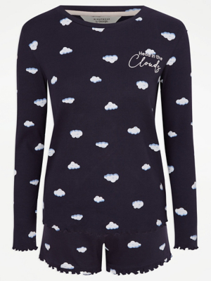 Navy Cloud Ribbed Short Pyjamas Lingerie at ASDA