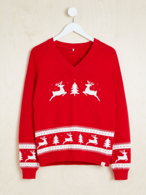 Billie Faiers Red Reindeer V Neck Christmas Jumper Sale Offers - Main Image
