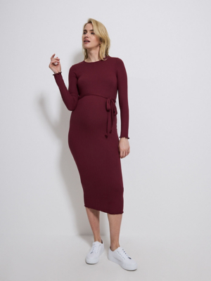 Maternity Burgundy Ribbed Belted Midi Dress Women at ASDA