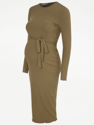 Maternity Khaki Ribbed Belted Midi Dress Women at ASDA