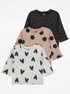 Spot Heart Ribbed Long Sleeve Tops 3 Pack Baby at ASDA