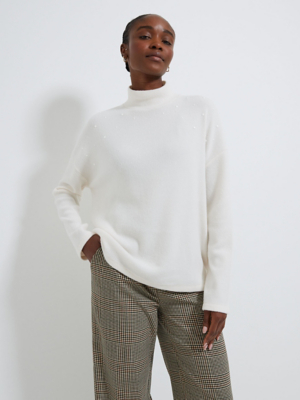 Cream Pearl Embellished Snit Jumper Women at ASDA