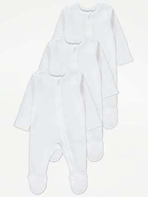 White Long Sleeve 2 Way Zip Up Sleepsuits 3 Pack Baby at ASDA