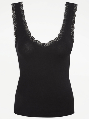 Black Lace Trim Ribbed Vest Women at ASDA