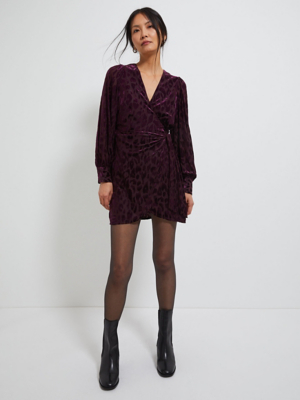 Plum Velvet Leopard Wrap Mini Dress Women at ASDA