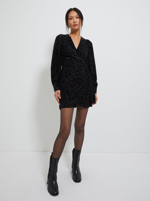 Black Velvet Animal Print Wrap Mini Dress Women at ASDA
