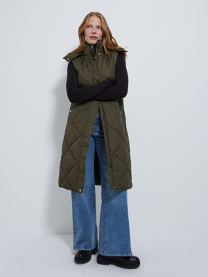 Khaki Quilted Hooded Longline Gilet Women at ASDA
