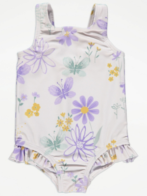 White Floral and Butterfly Frill Swimsuit