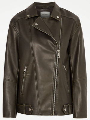 Brown Washed Faux Leather Biker Jacket