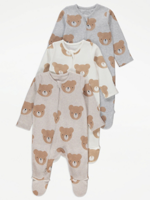 Teddy Bear Zip Up Sleepsuits 3 Pack Baby at ASDA