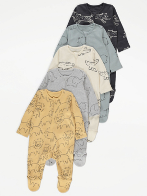 Safari Animal 2 Way Zip Fasten Sleepsuits 5 Pack | Baby | George at ASDA