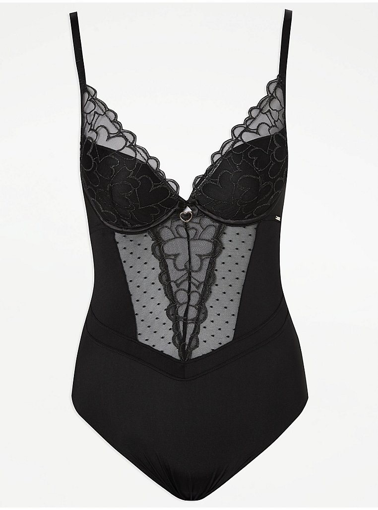 Entice Black Embroidered Heart Lace Plunge Bodysuit