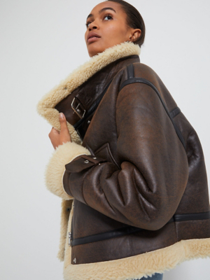 Brown Fleece Trim Aviator Jacket Women at ASDA