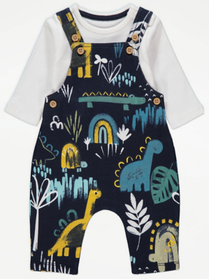 Dinosaur Dungarees and Long Sleeve Bodysuit Outfit Baby at ASDA