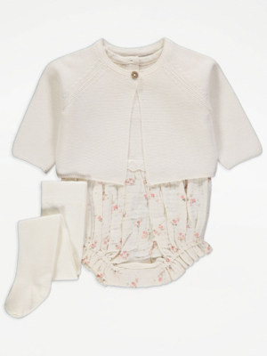 Cream Floral Romper Cardigan and Tights Outfit Baby George at ASDA