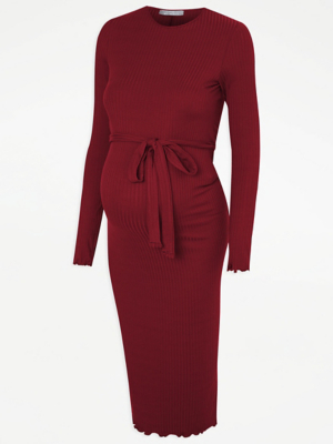 Maternity Burgundy Ribbed Tie Waist Midi Dress Women at ASDA