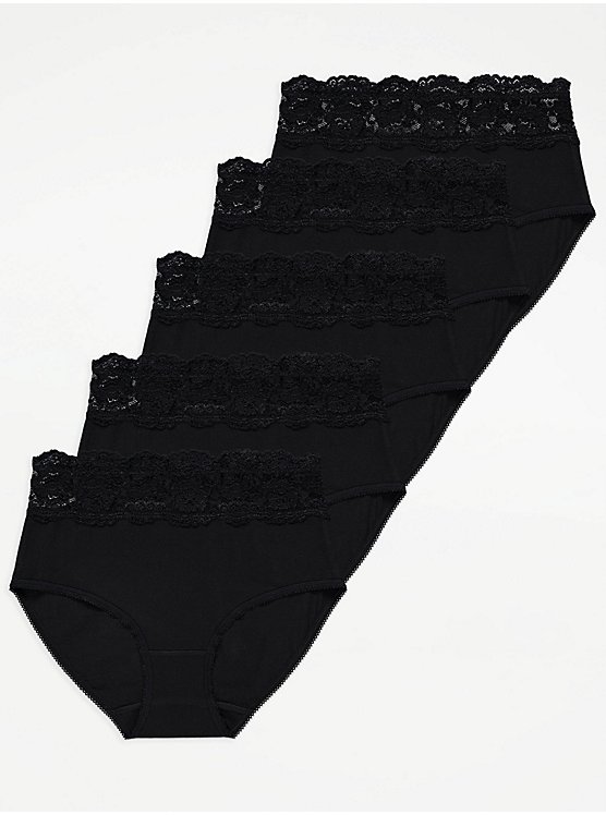 Black Lace Top Full Brief Knickers 5 Pack, Lingerie
