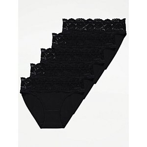 Black Lace Top High Leg Knickers 5 Pack, Lingerie
