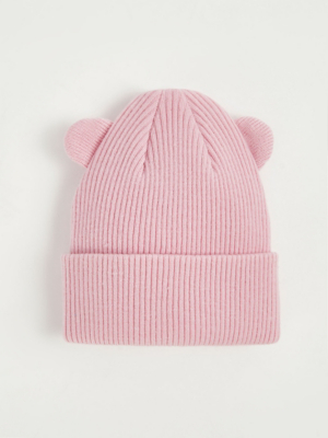 Pink Ear Ribbed Beanie Hat Baby at ASDA