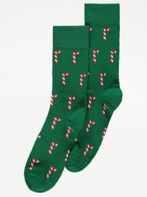 Green Candy Cane Christmas Socks Men at ASDA