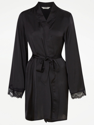 Black Satin Lace Trim Dressing Gown Lingerie at ASDA